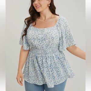 BloomChic Ditsy Floral Ruffle Sleeve Shirred Square Neck Blouse